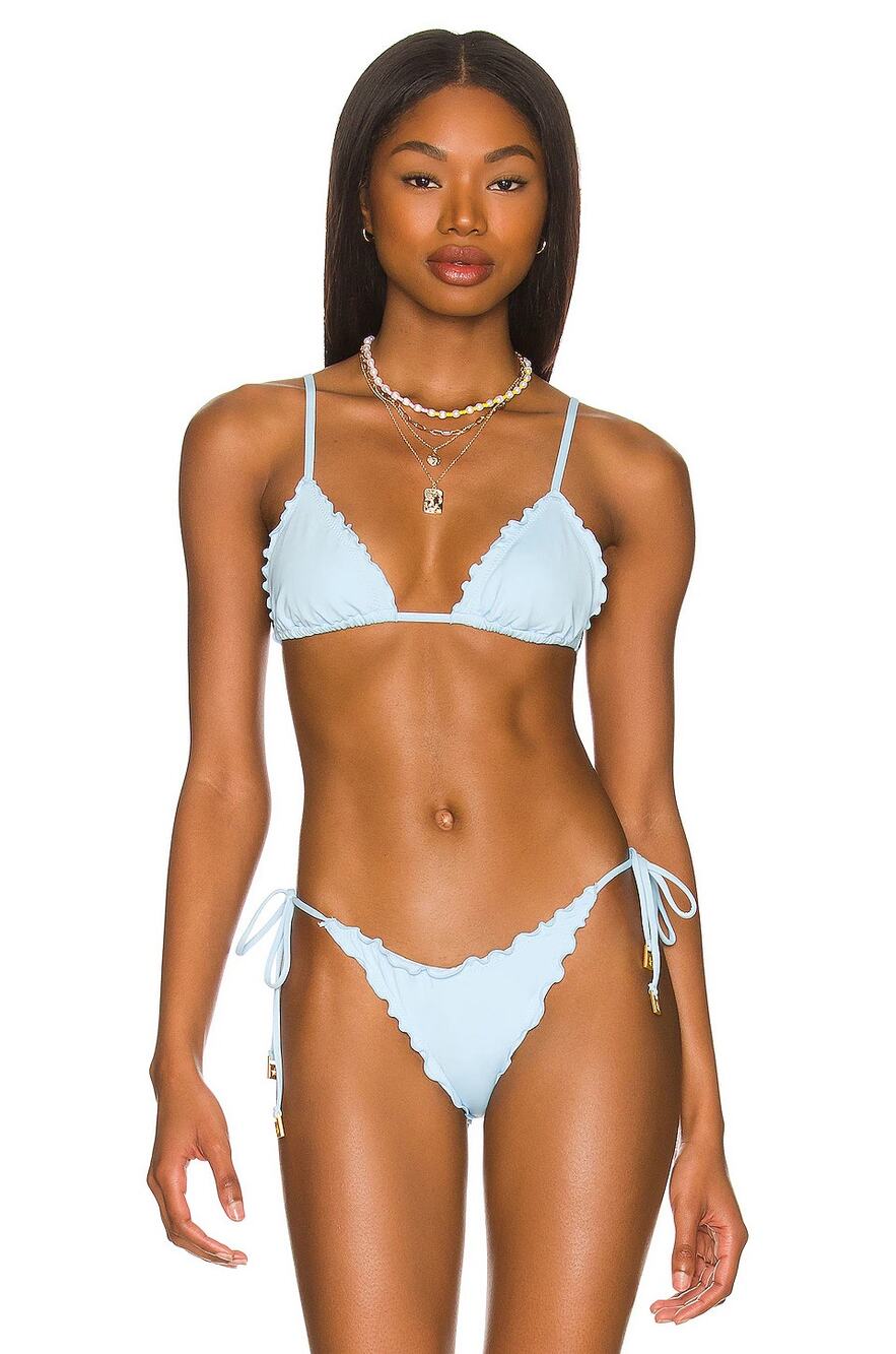 L*SPACE Maggie Bikini Top Sky Blue Triangle Sliding Cups Lettuce Edge Medium NEW